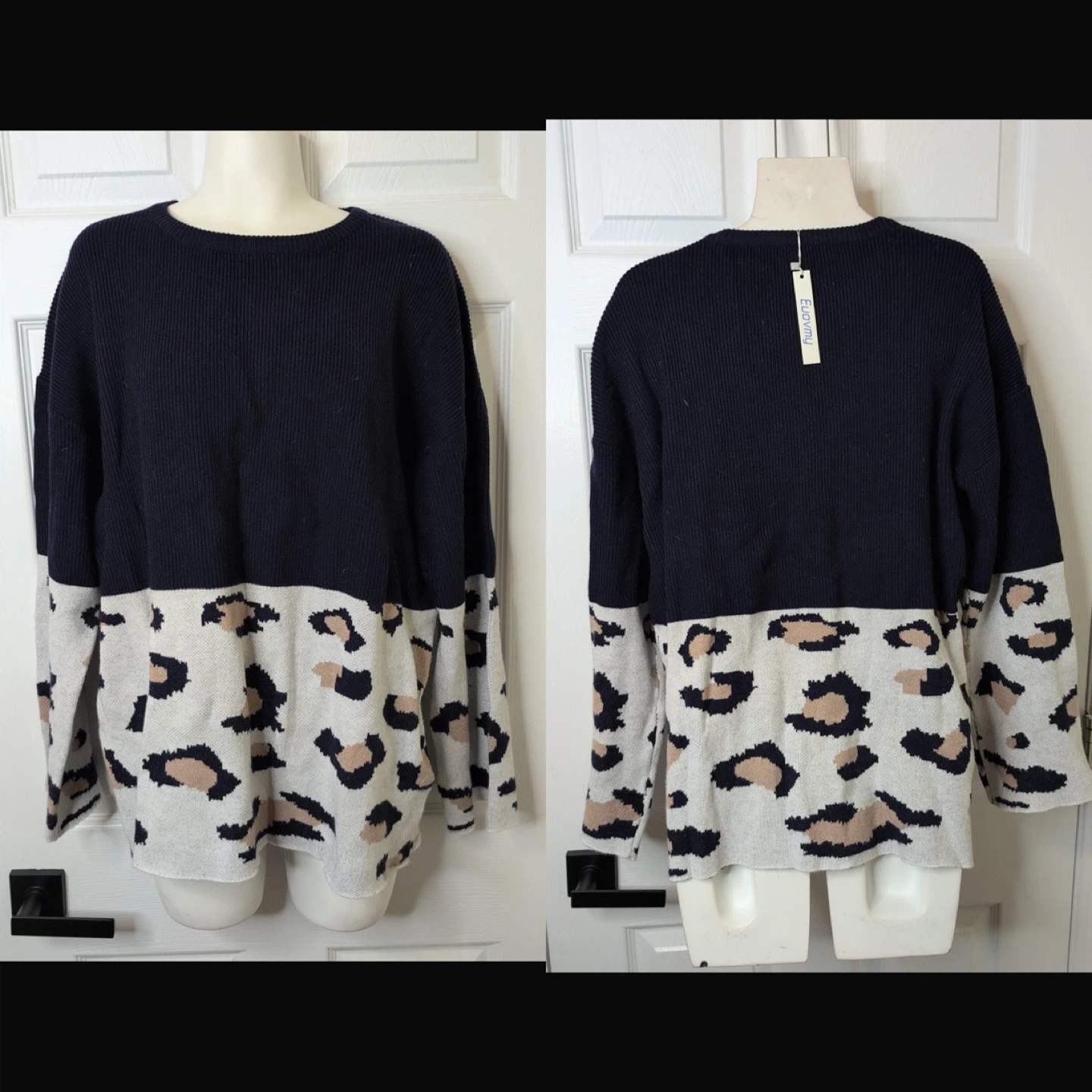 NEW! Euovmy Knitted Leopard Print Navy Sweater - Size M - photo 3