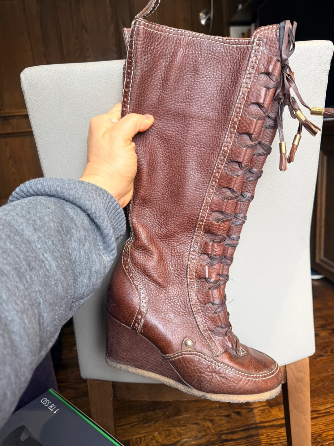 Brown Leather Wedge Boots - Size 36 1/2