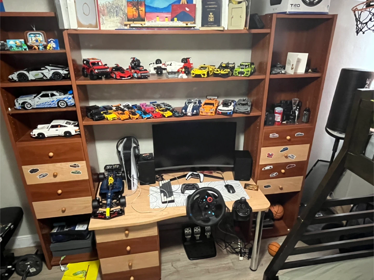 Storage shelves, 12 drawers and a desk