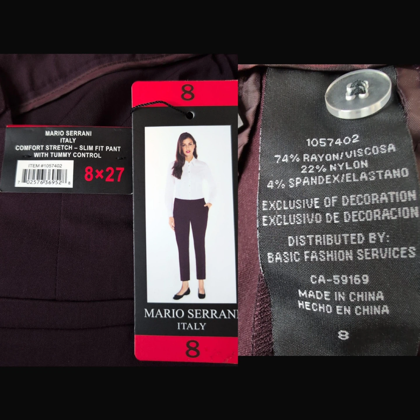 NEW! Mario Serrani Comfort Stretch Slim Fit Pants - Size 8 - photo 3