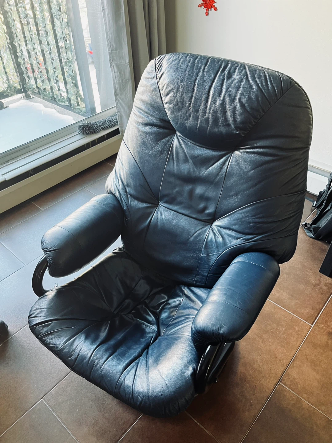 Leather Swivel Recliner Chair with Ottoman - Blue - photo 5