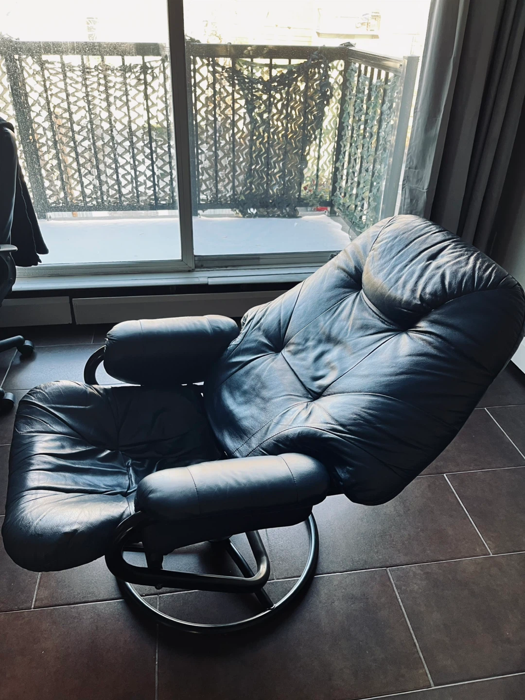 Leather Swivel Recliner Chair with Ottoman - Blue - photo 2