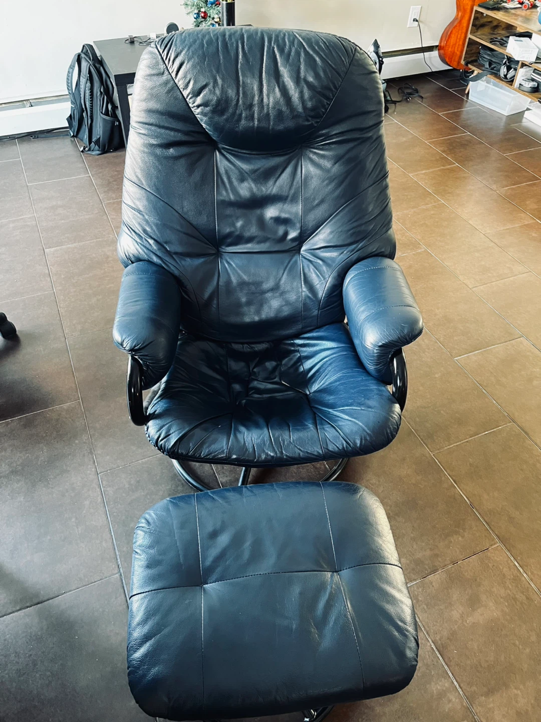 Leather Swivel Recliner Chair with Ottoman - Blue - photo 4