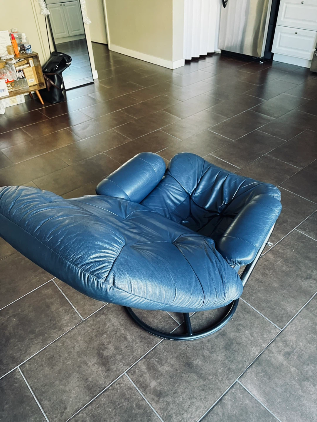 Leather Swivel Recliner Chair with Ottoman - Blue - photo 3