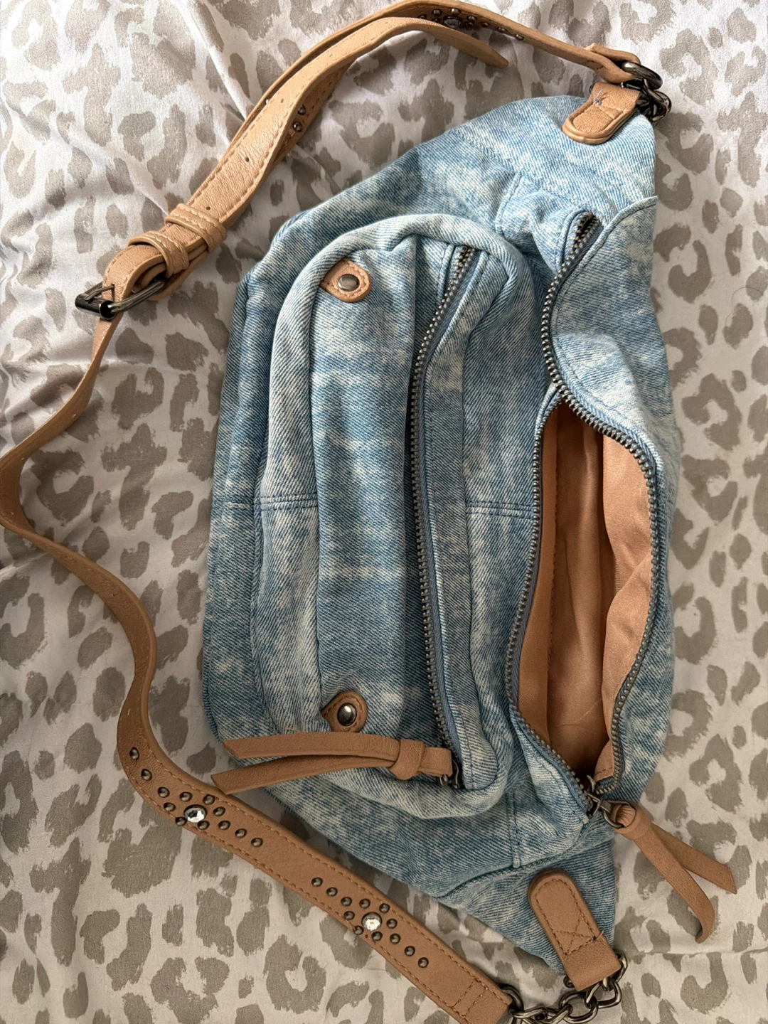Denim Fanny Pack with Tan Strap