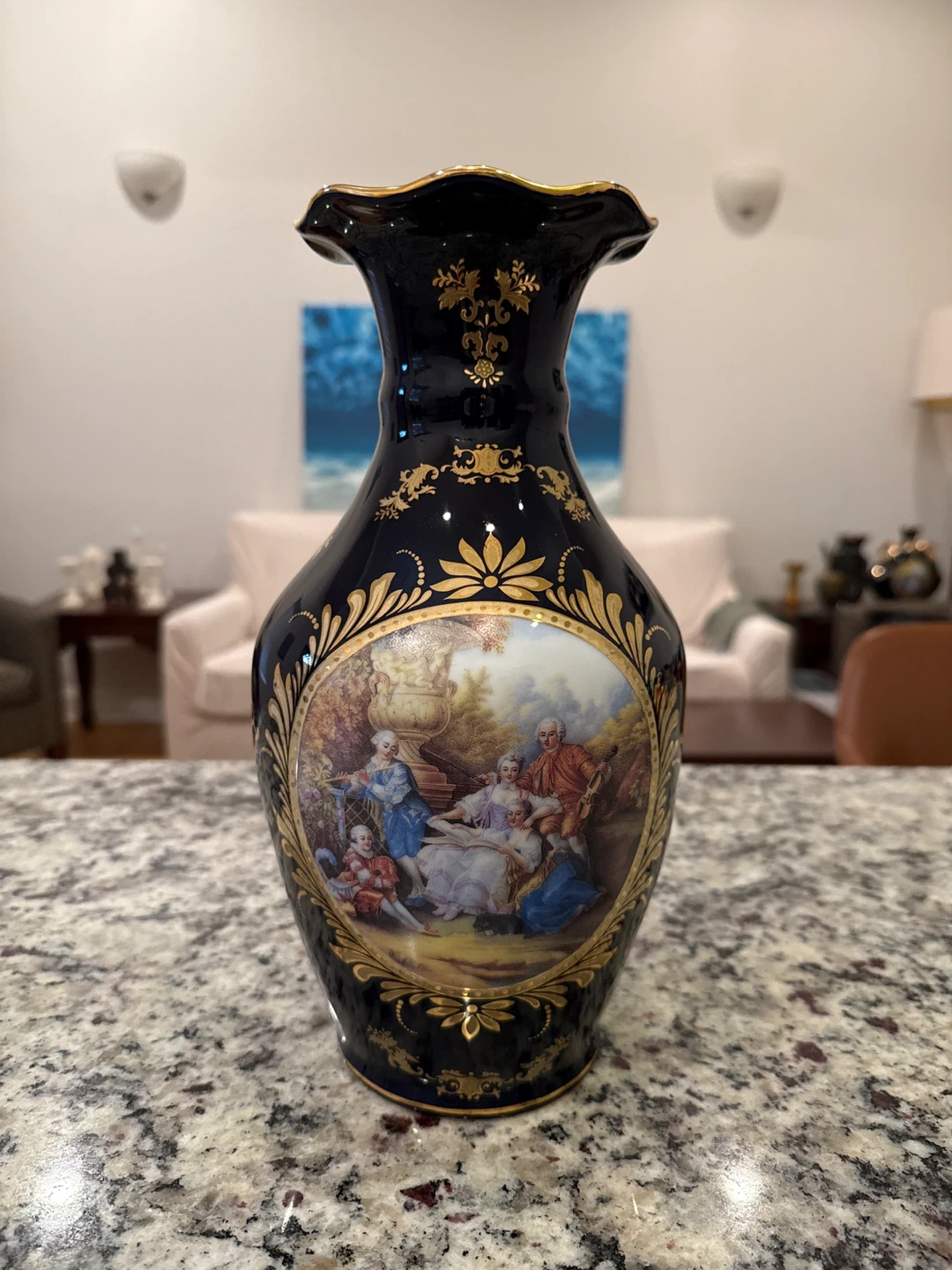 Vintage Decorative Vase - Navy Blue & Gold,  French style design