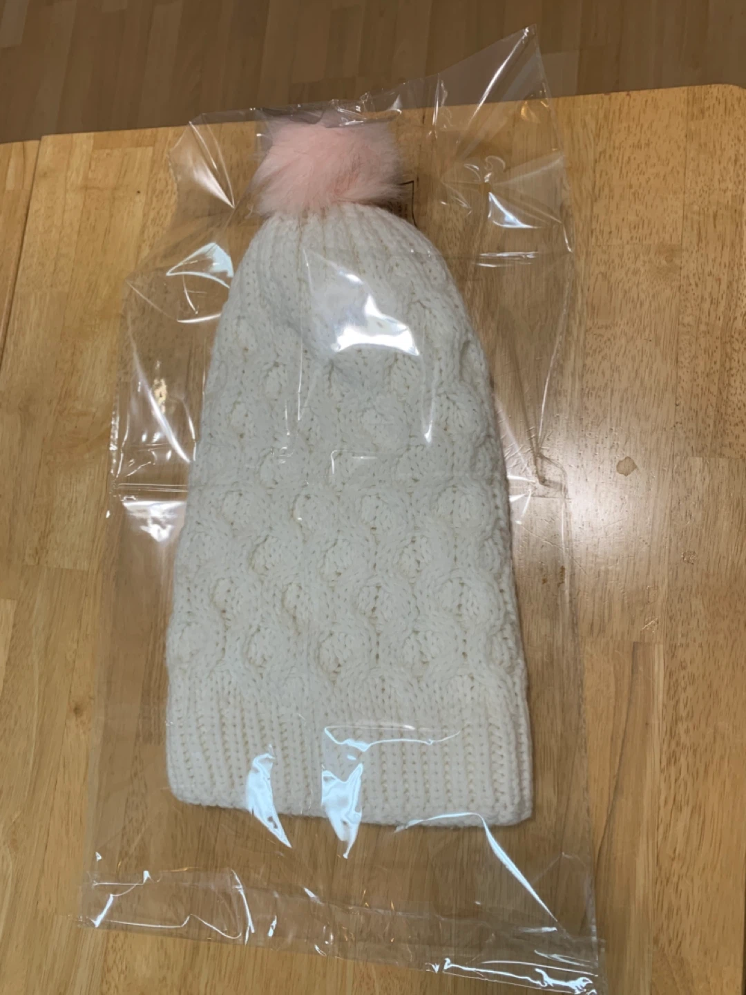 Brand new White Knit Beanie with Pink Pom Pom