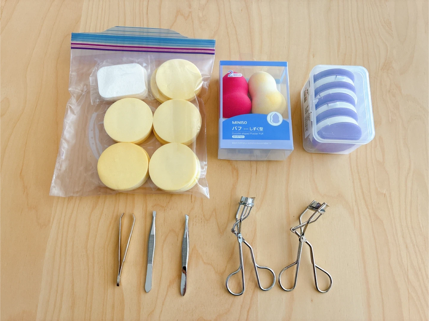 MINISO Makeup Sponges, Tweezers, Eyelash Curlers