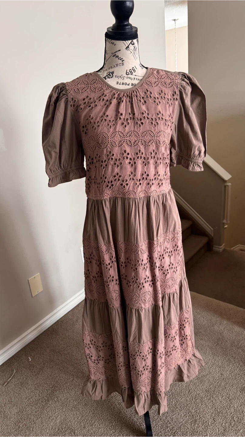 Brown Eyelet Tiered Midi Dress