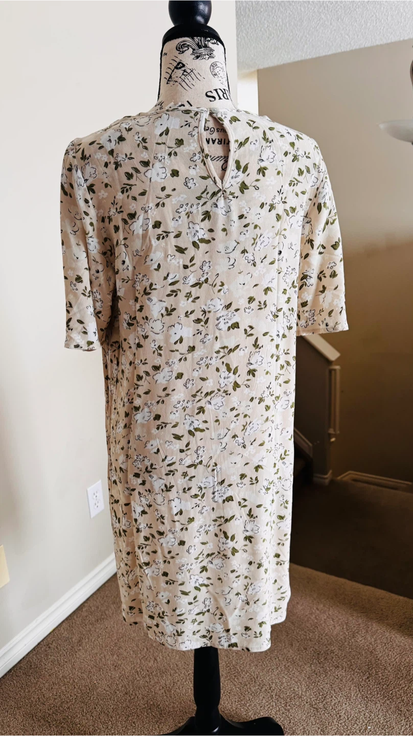 Floral Print Dress - Beige with Green & White Flowers