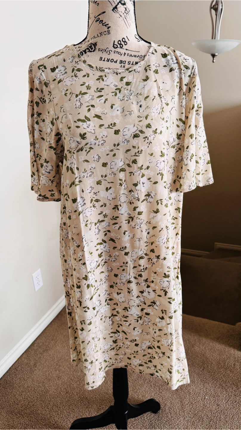 Floral Print Dress - Beige with Green & White Flowers - photo 3