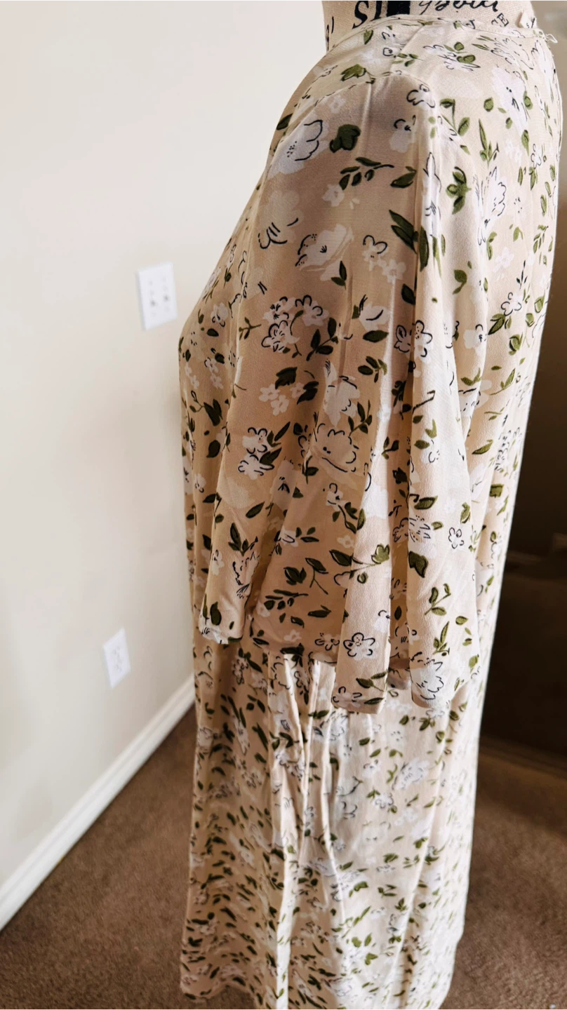 Floral Print Dress - Beige with Green & White Flowers - photo 2