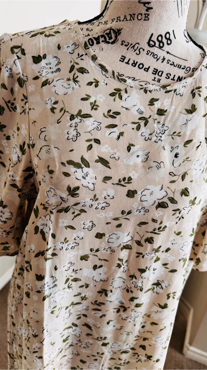 Floral Print Dress - Beige with Green & White Flowers - photo 4