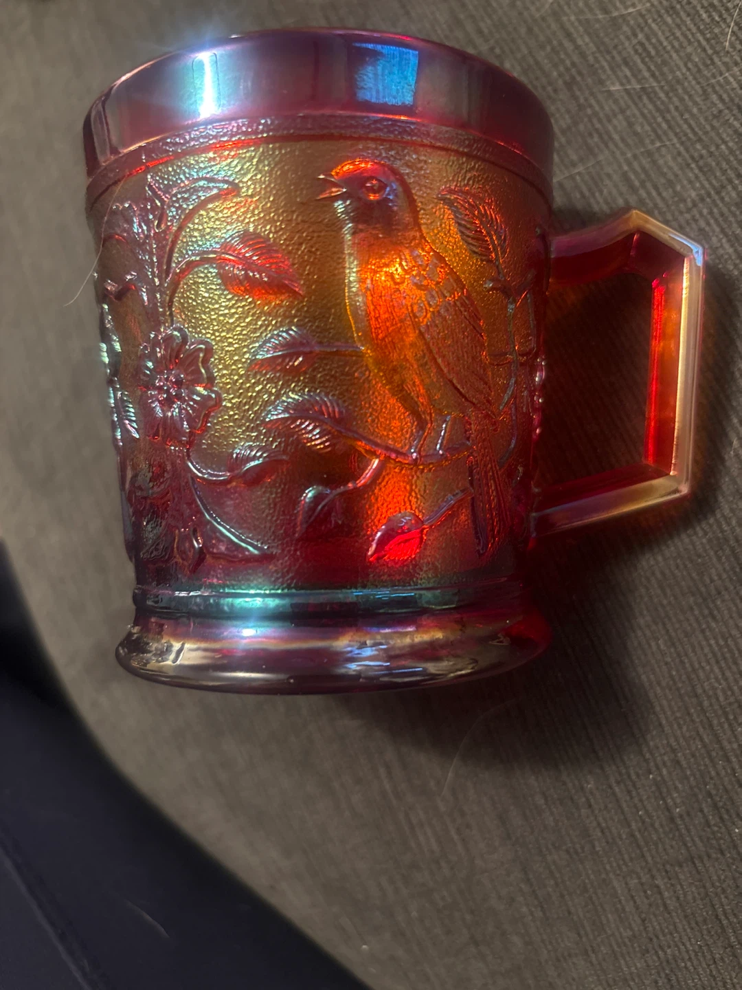 Vintage Carnival Glass Mug with Bird Design