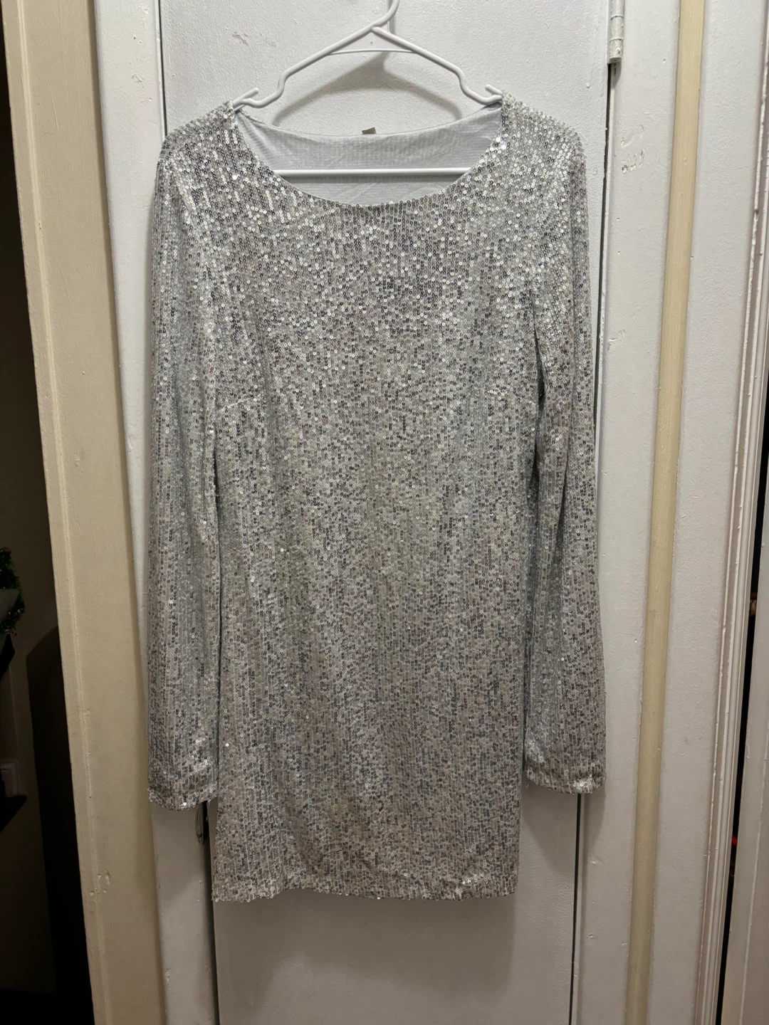 Silver Sequin Long Sleeve Dress