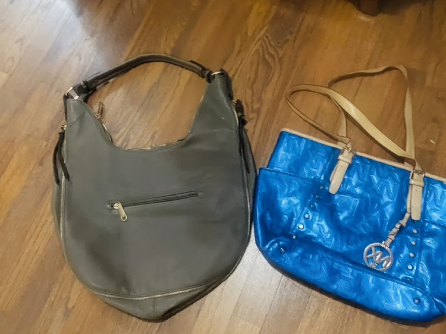 Two Purses: Gray Hobo Bag and Blue Tote