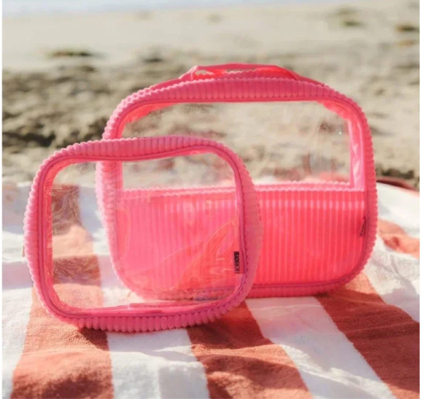 Beach Riot Clear Pink Cosmetic Bag Set - New!