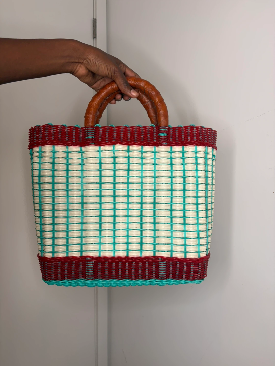 Woven Plastic Market Tote with Leather Handles