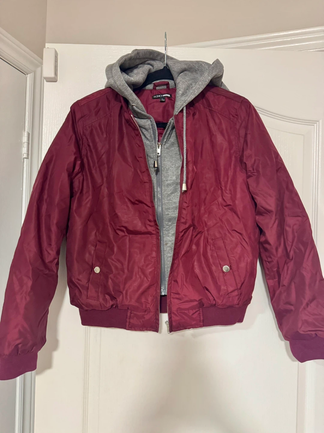 Fashion Nova Burgundy Jacket with Grey Hoodie
