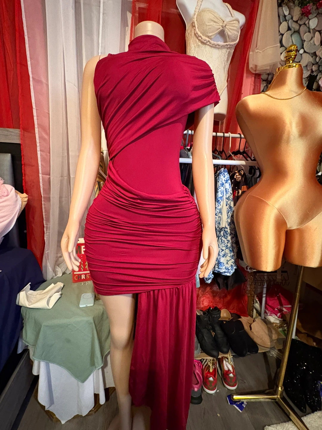 Red Ruched Asymmetrical Dress