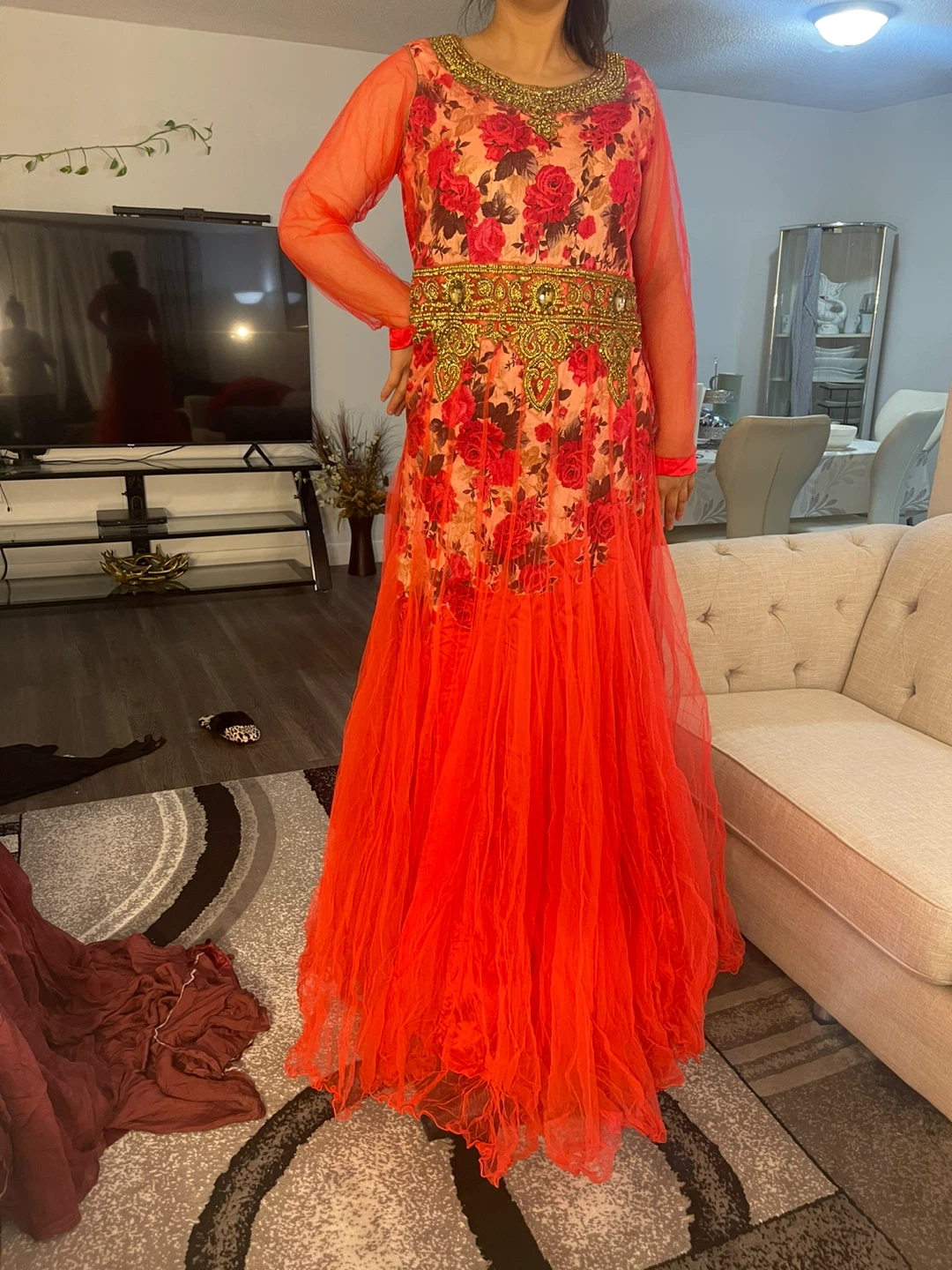 Orange Floral Anarkali Dress