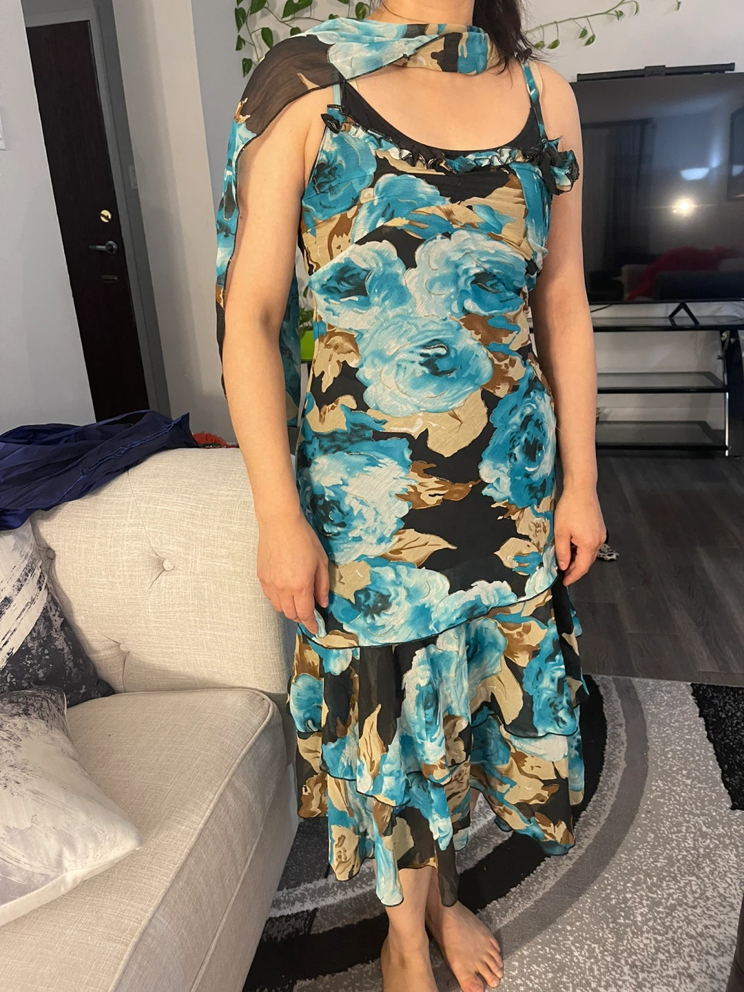 Floral Print Dress with Scarf - photo 4