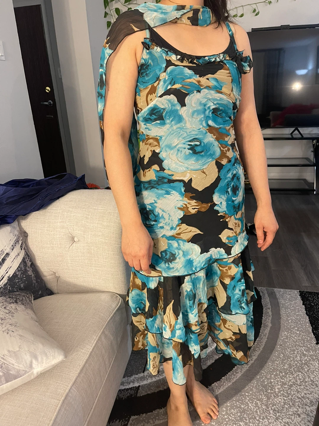 Floral Print Dress with Scarf - photo 2