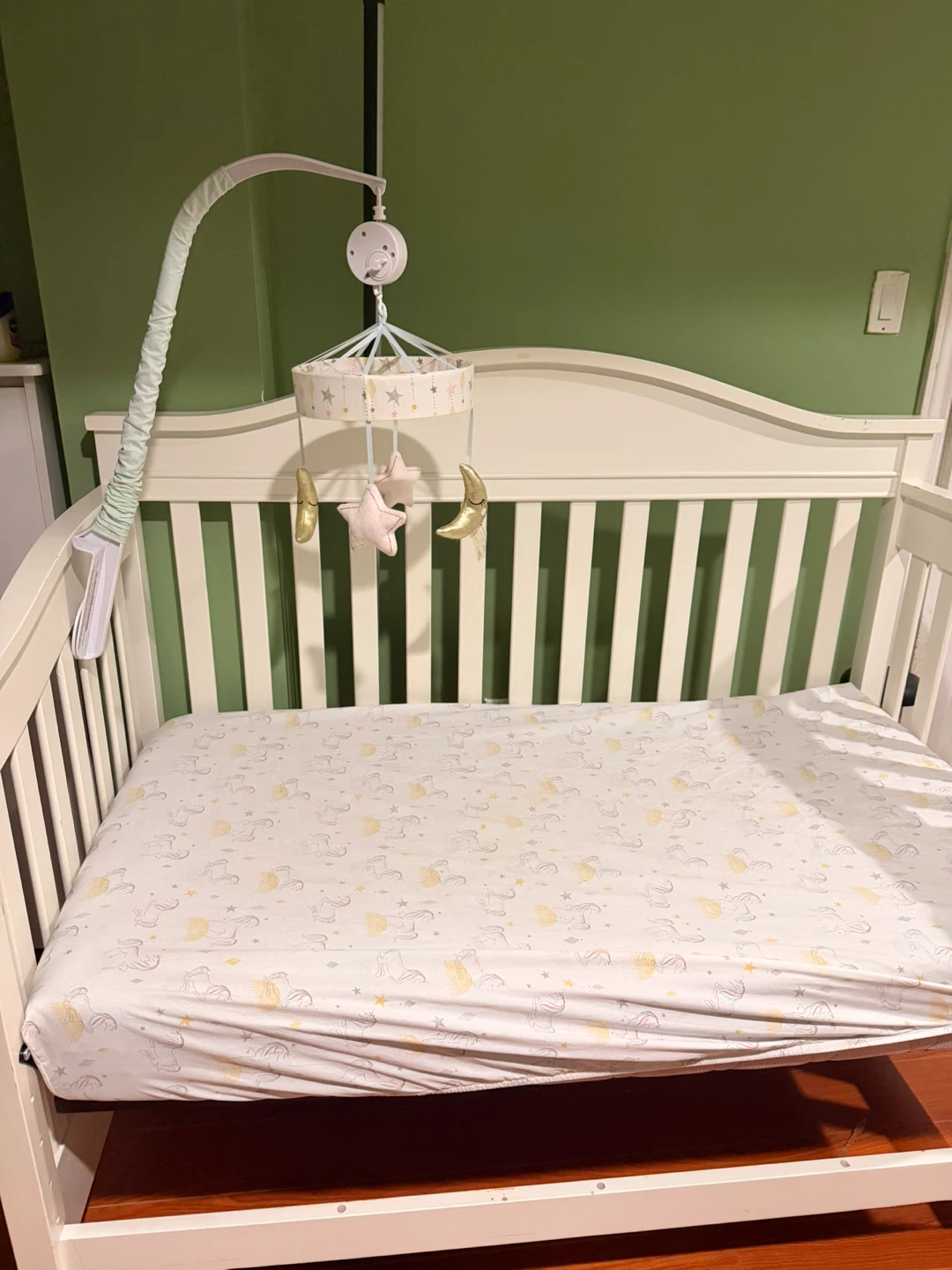Convertible White Baby Crib with Mattress & Mobile