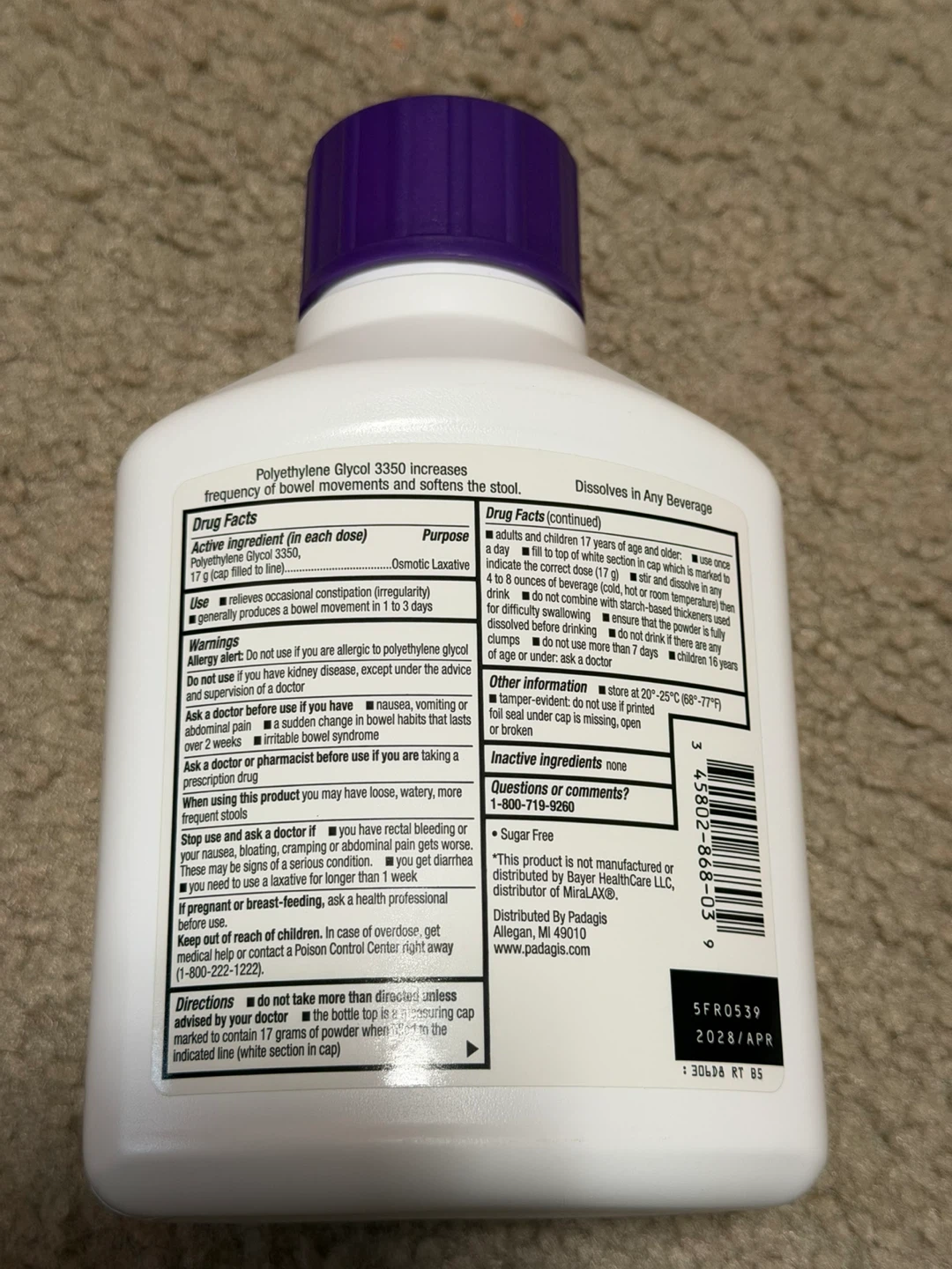 Padagis Polyethylene Glycol 3350 Powder 17.9 oz - photo 2