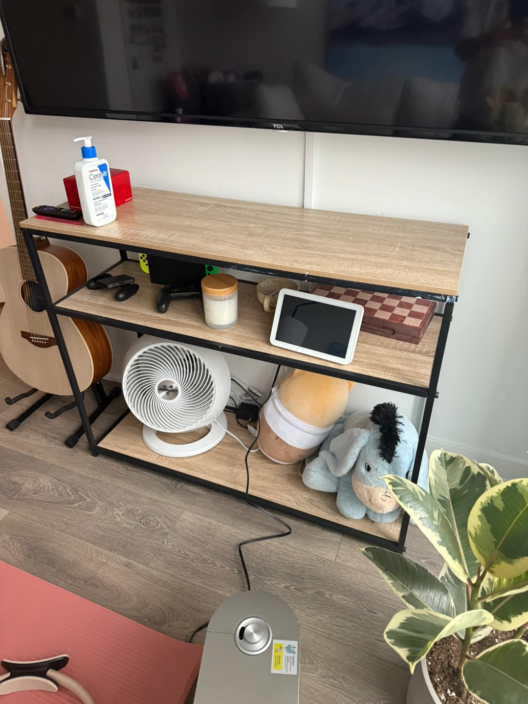 wood and mental book shelf / TV stand