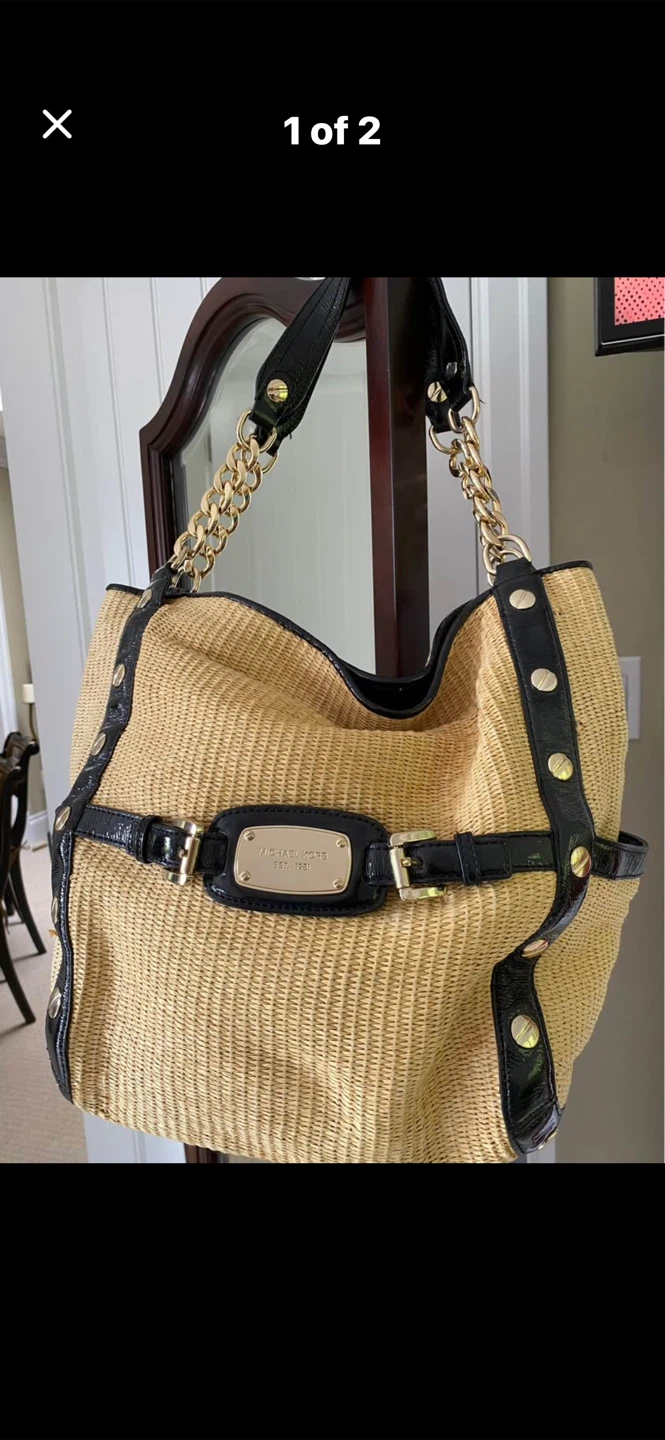 ✨Michael Kors Straw & Black Leather Trim Bag