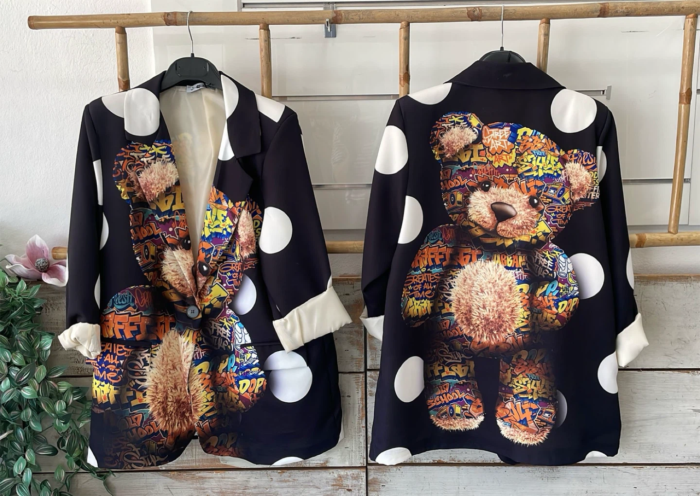 Teddy Bear Print Blazer - Black & White