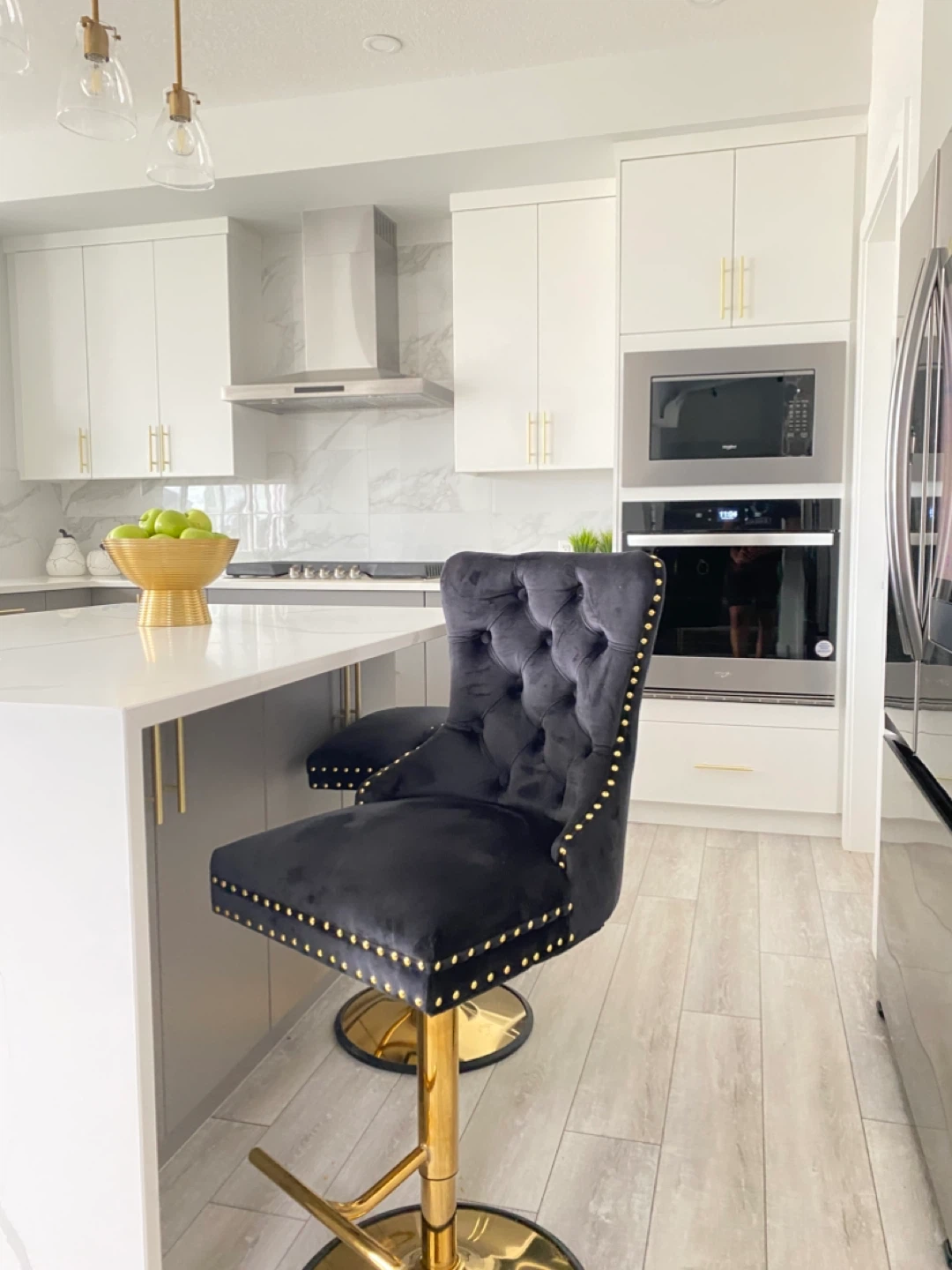 SET OF 3 Black Velvet Bar Stool with Gold Accents