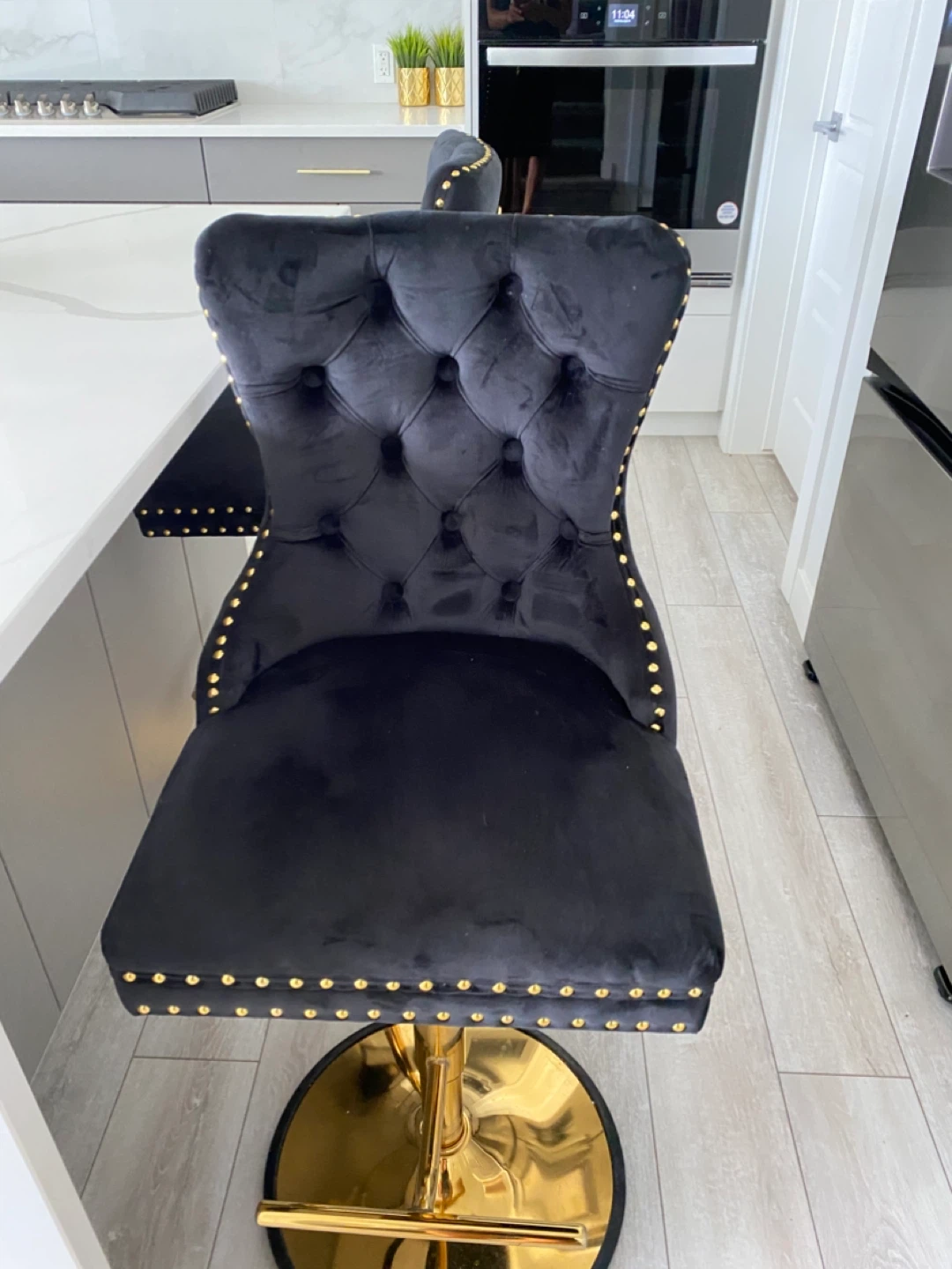 SET OF 3 Black Velvet Bar Stool with Gold Accents - photo 3