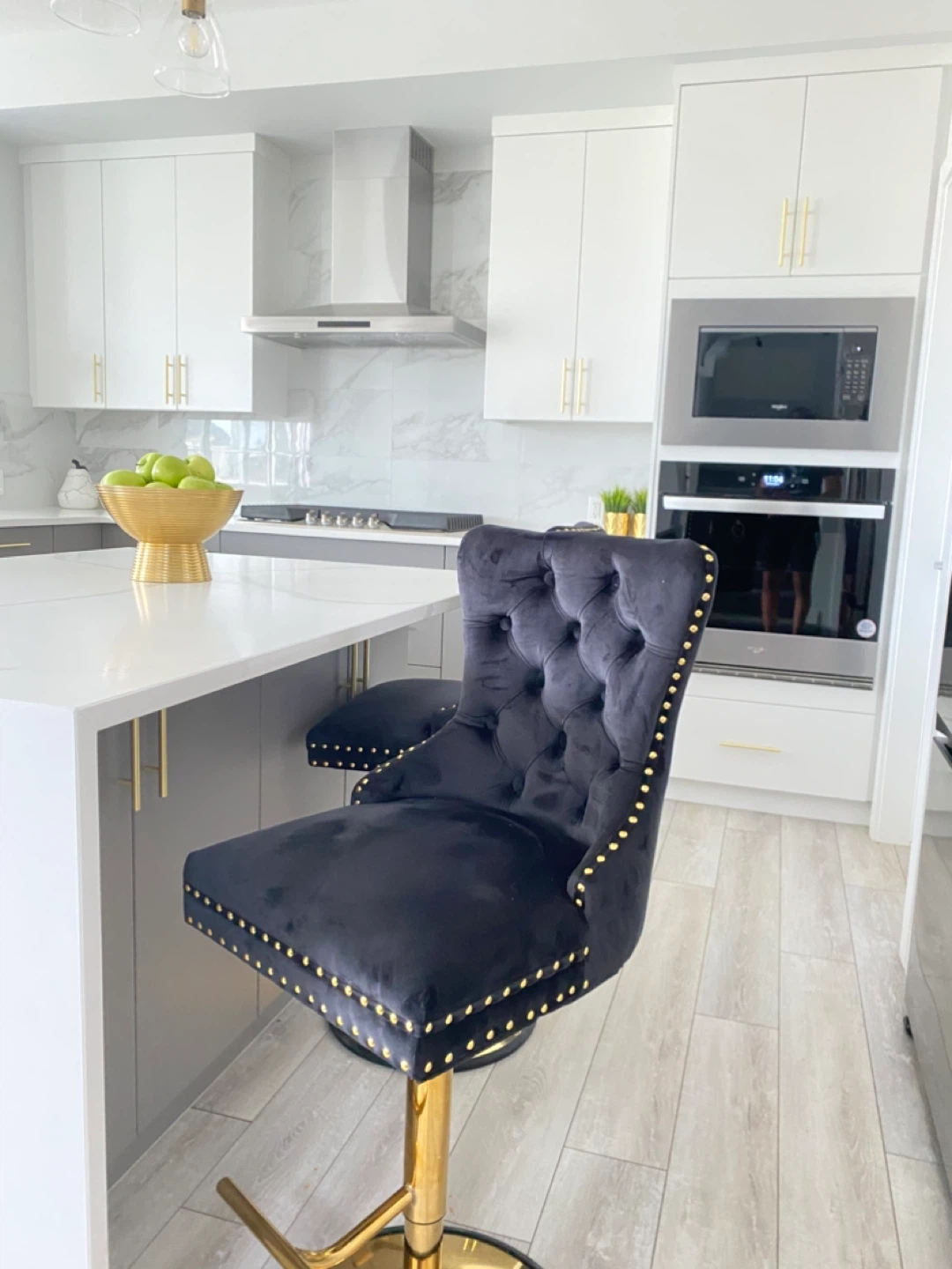 SET OF 3 Black Velvet Bar Stool with Gold Accents - photo 4