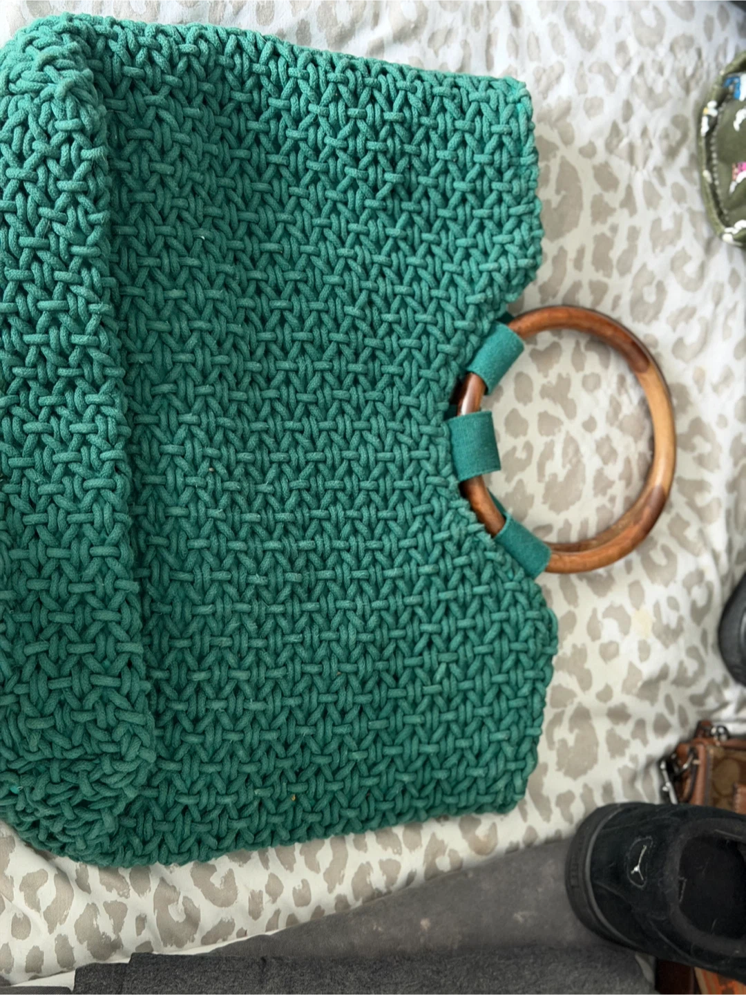 Green Woven Tote Bag with Wooden Handles