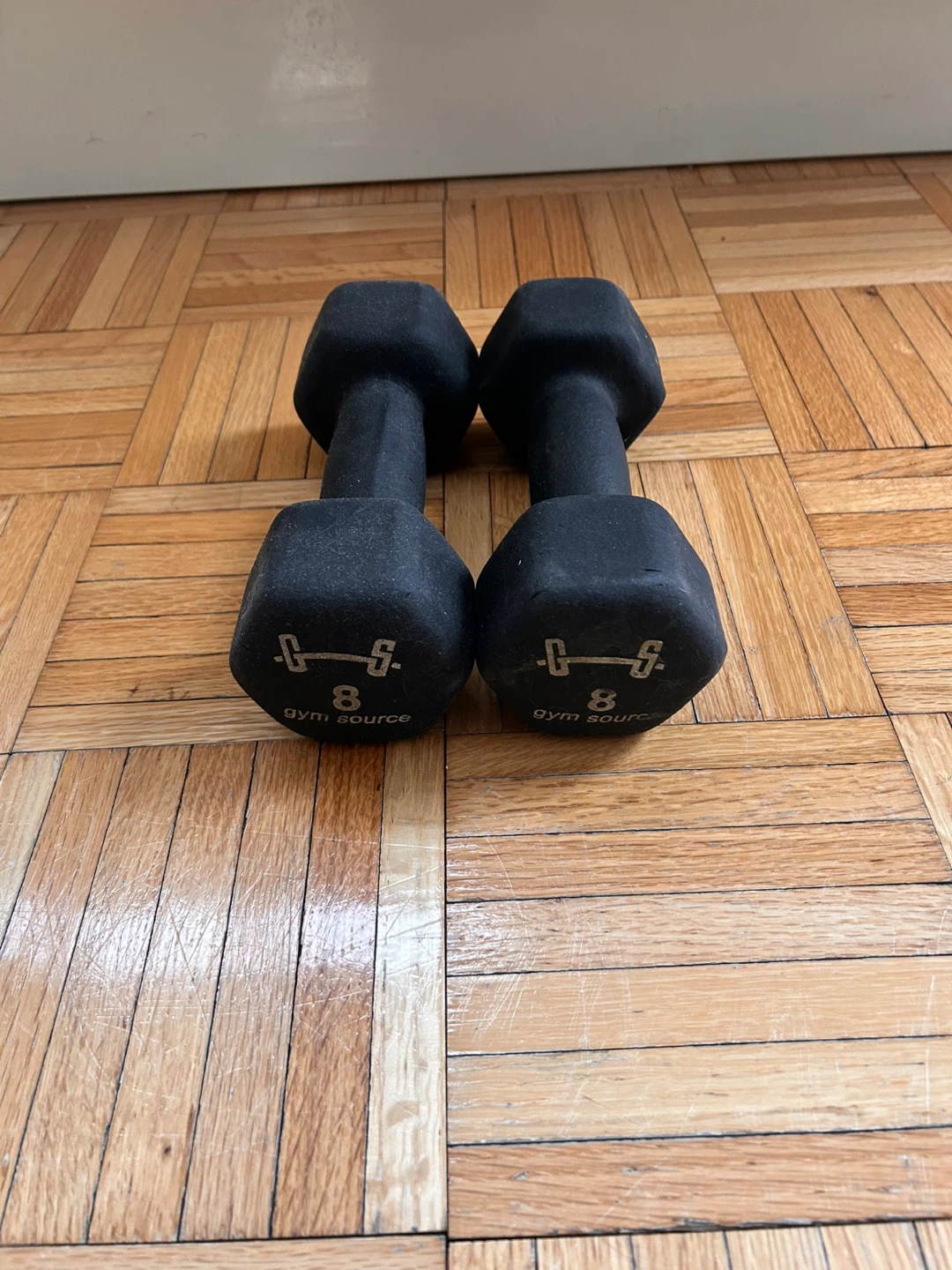 Used - pair of 8 lb "Gym Source" hexagonal dumbbells