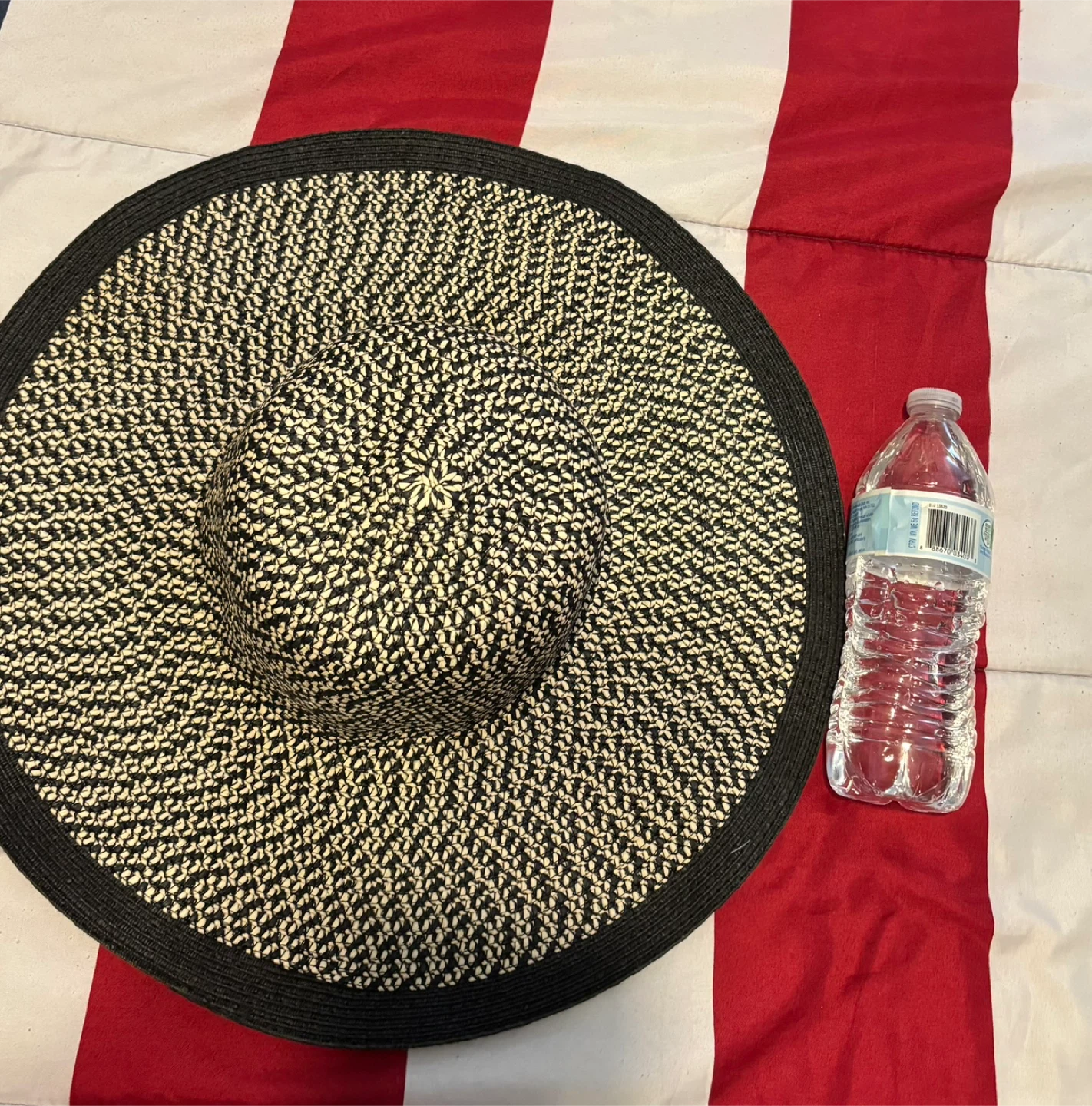 Wide Brim Straw Hat - Black & Beige