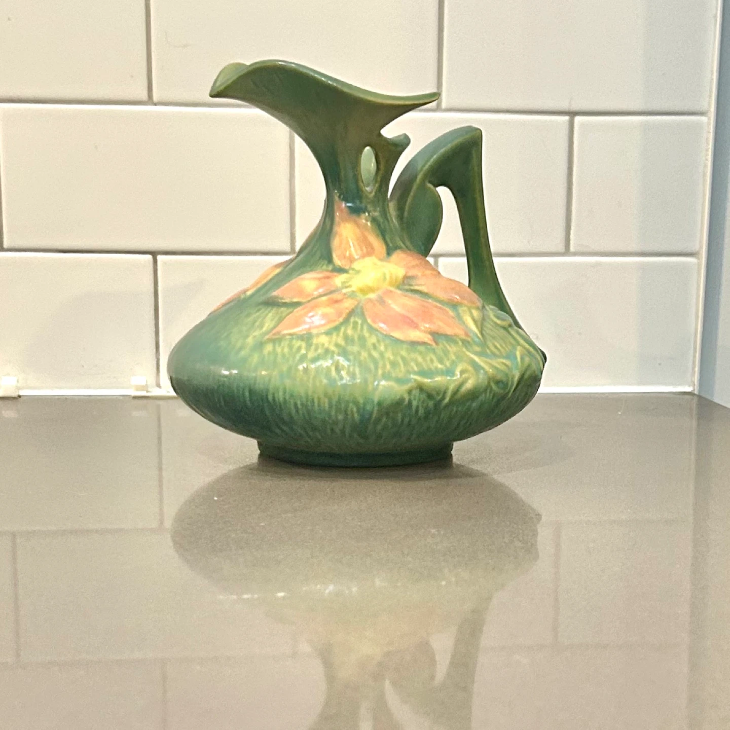 Roseville Water Lily Ewer Vase 176-6 Green Art Pottery - photo 5