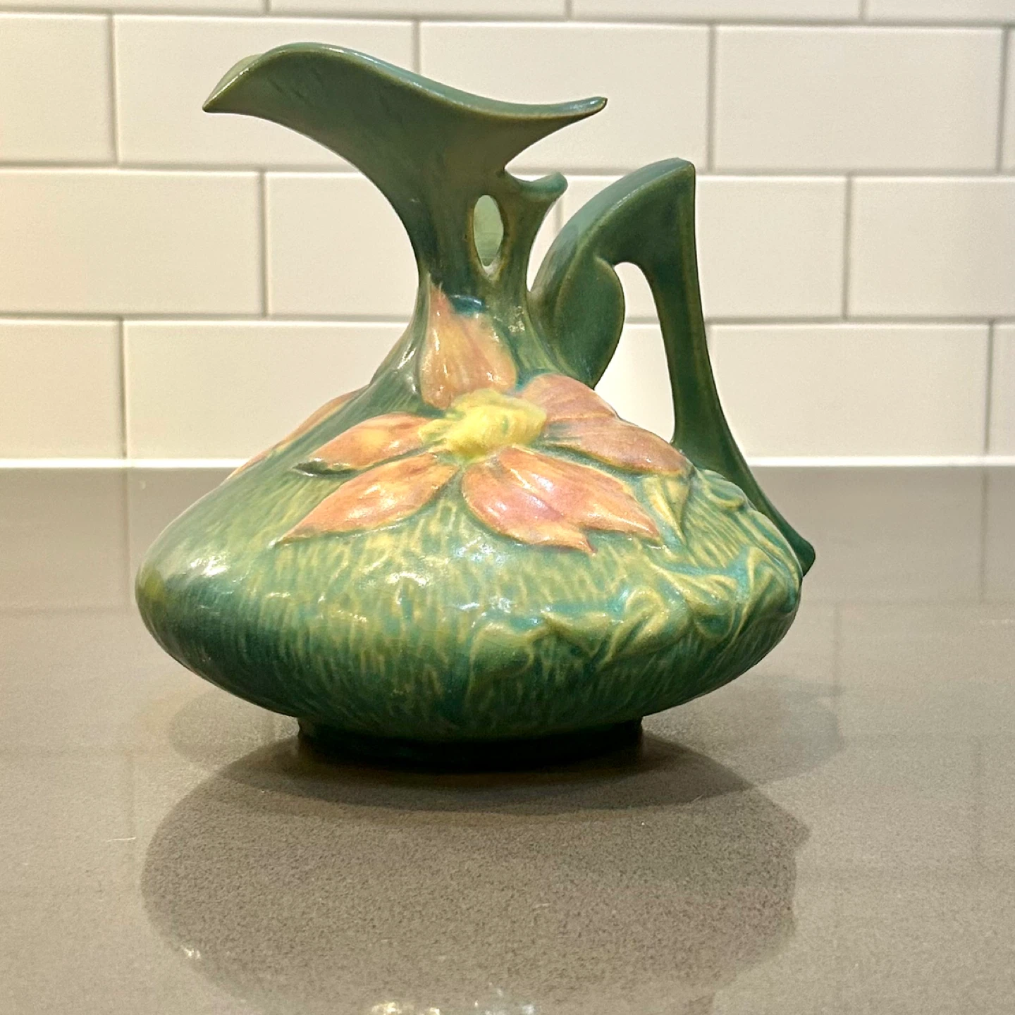 Roseville Water Lily Ewer Vase 176-6 Green Art Pottery
