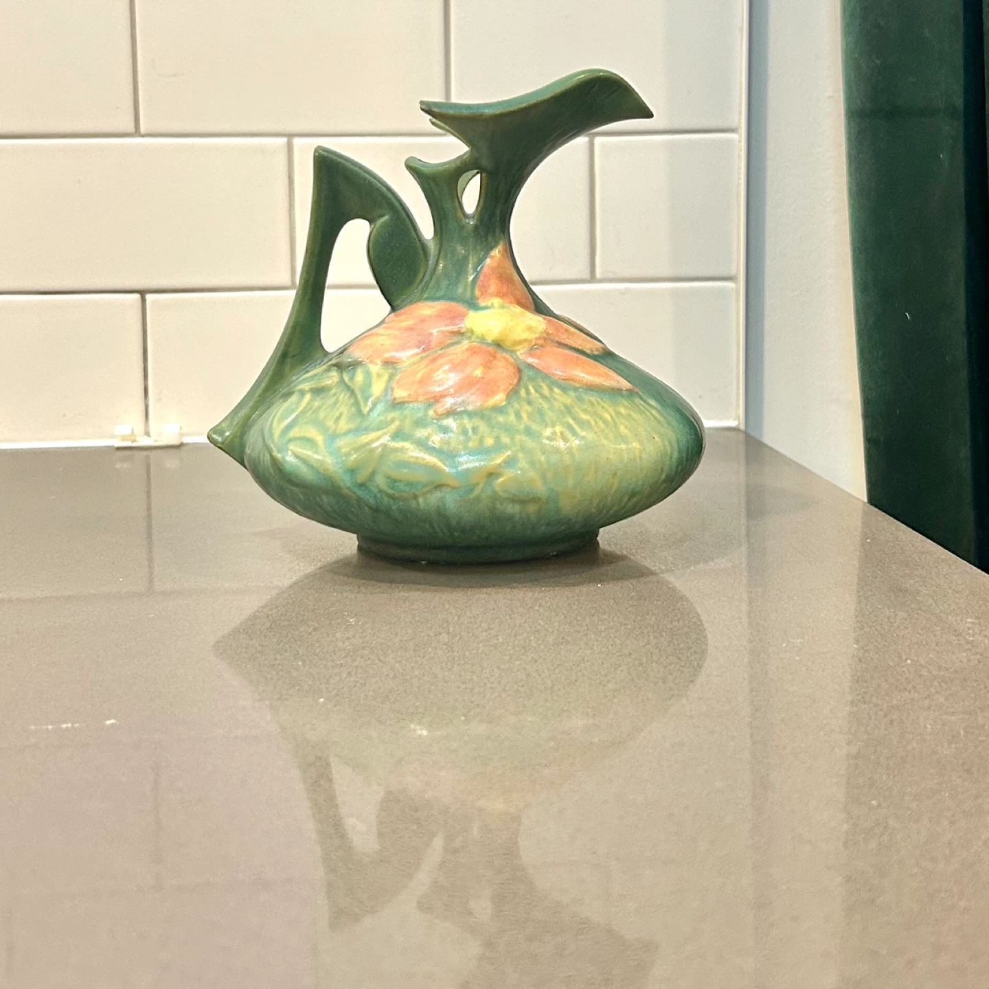 Roseville Water Lily Ewer Vase 176-6 Green Art Pottery - photo 3