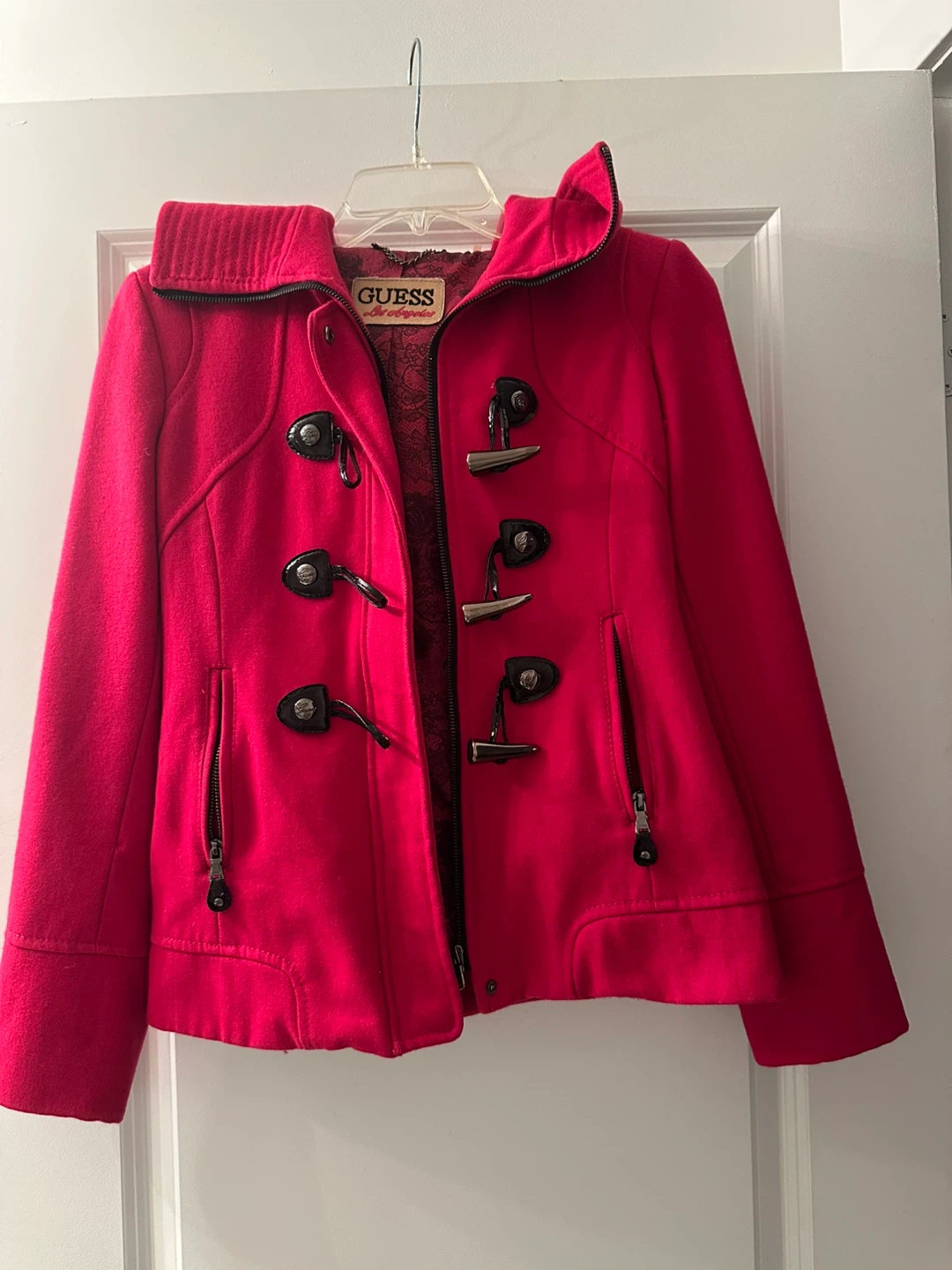 Guess Red Wool Blend Hooded Coat