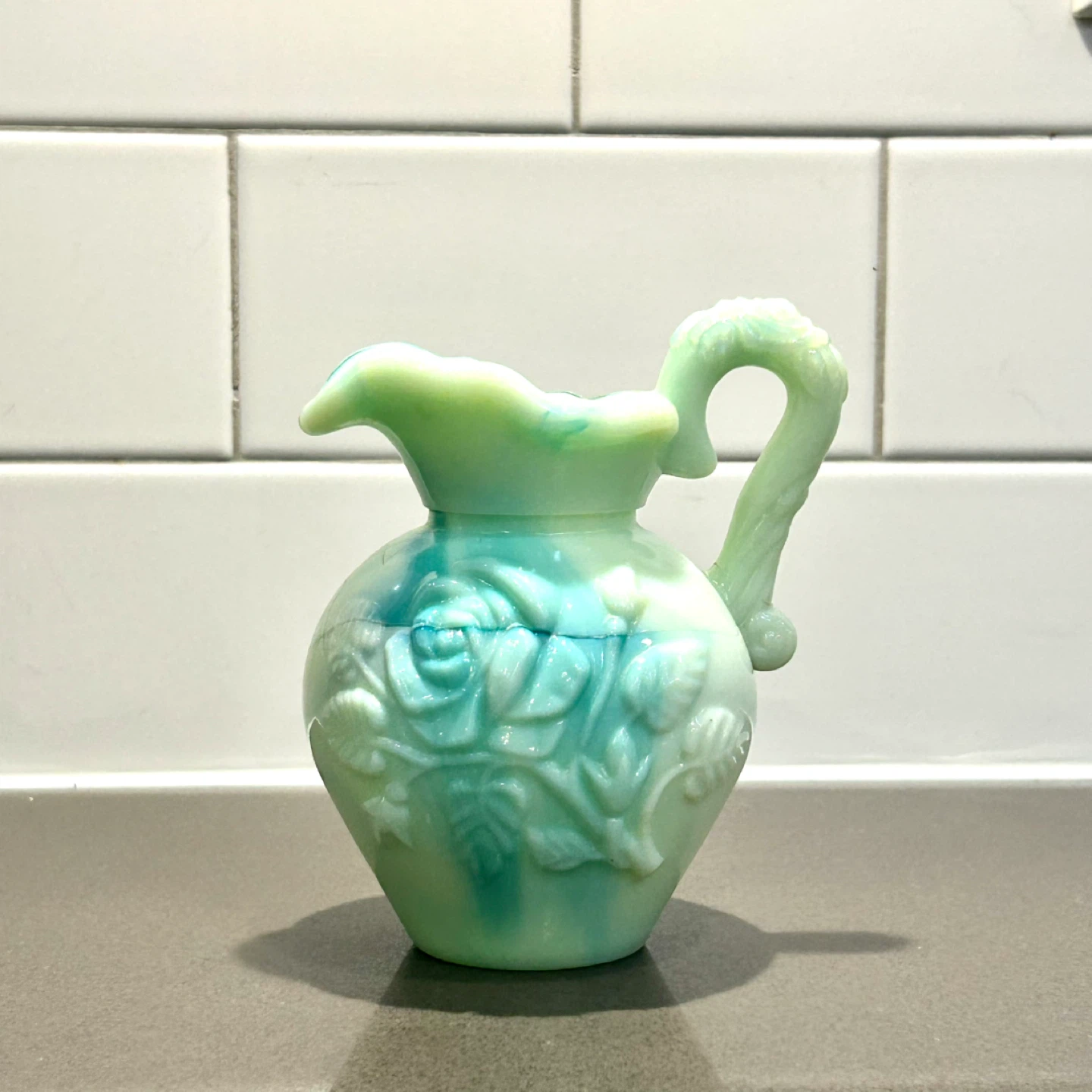 Vintage Avon Green Slag Milk Glass Creamer Pitcher