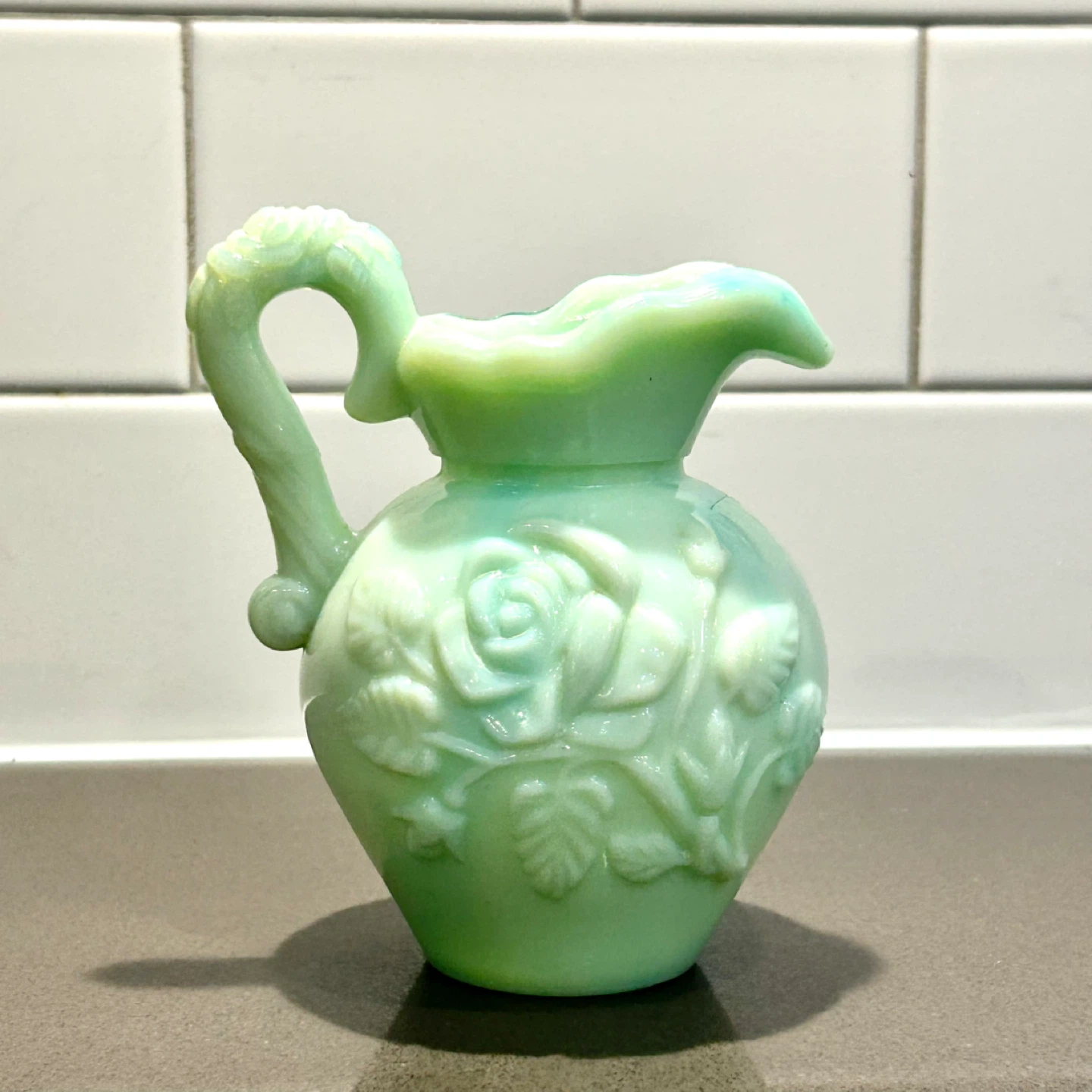 Vintage Avon Green Slag Milk Glass Creamer Pitcher - photo 2