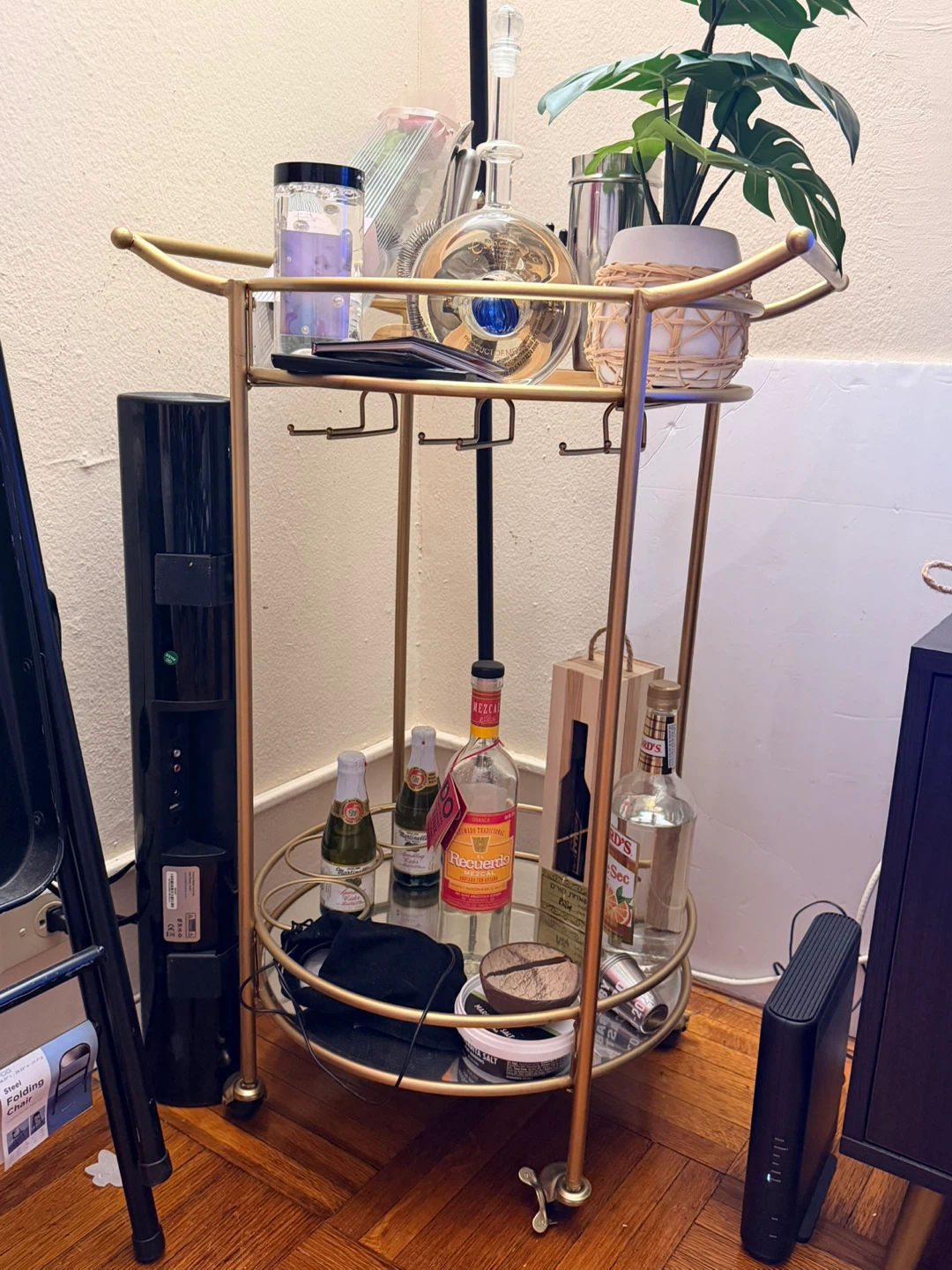 Gold Bar Cart with 2 Mirrored Shelves