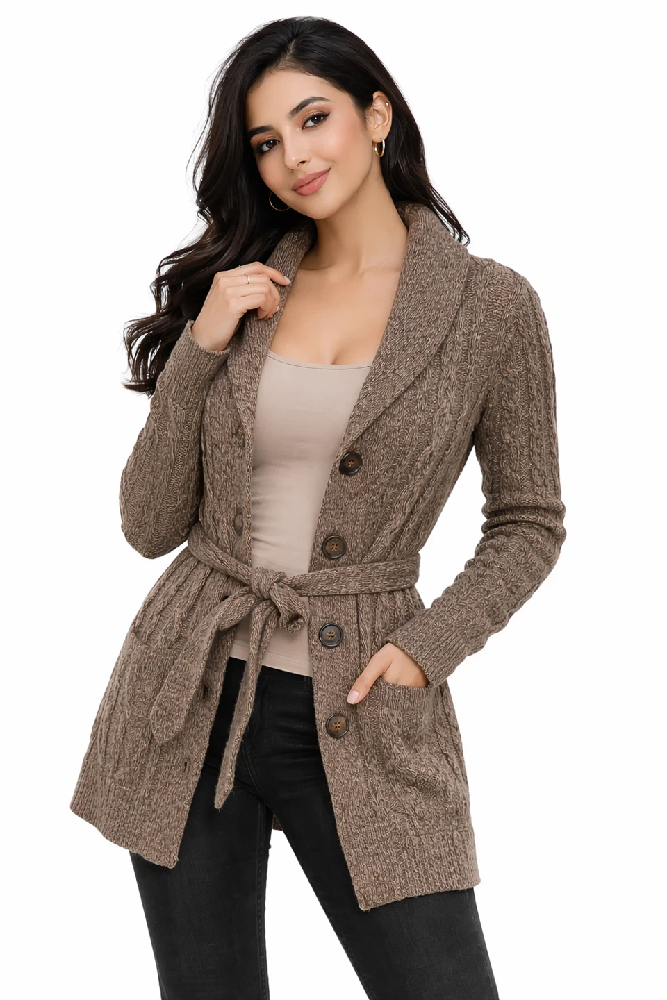 Old Navy Women’s Cable Knit Cardigan Sweater Belted Size M Brown