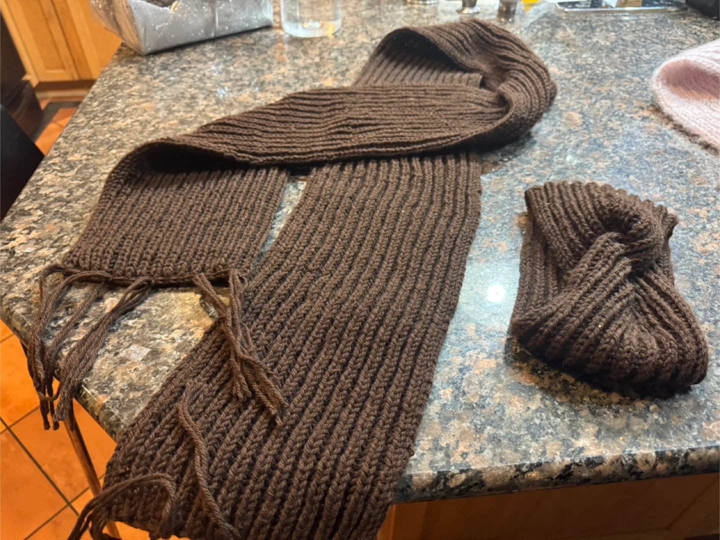 Hand-knitted Brown Scarf & Headband Set