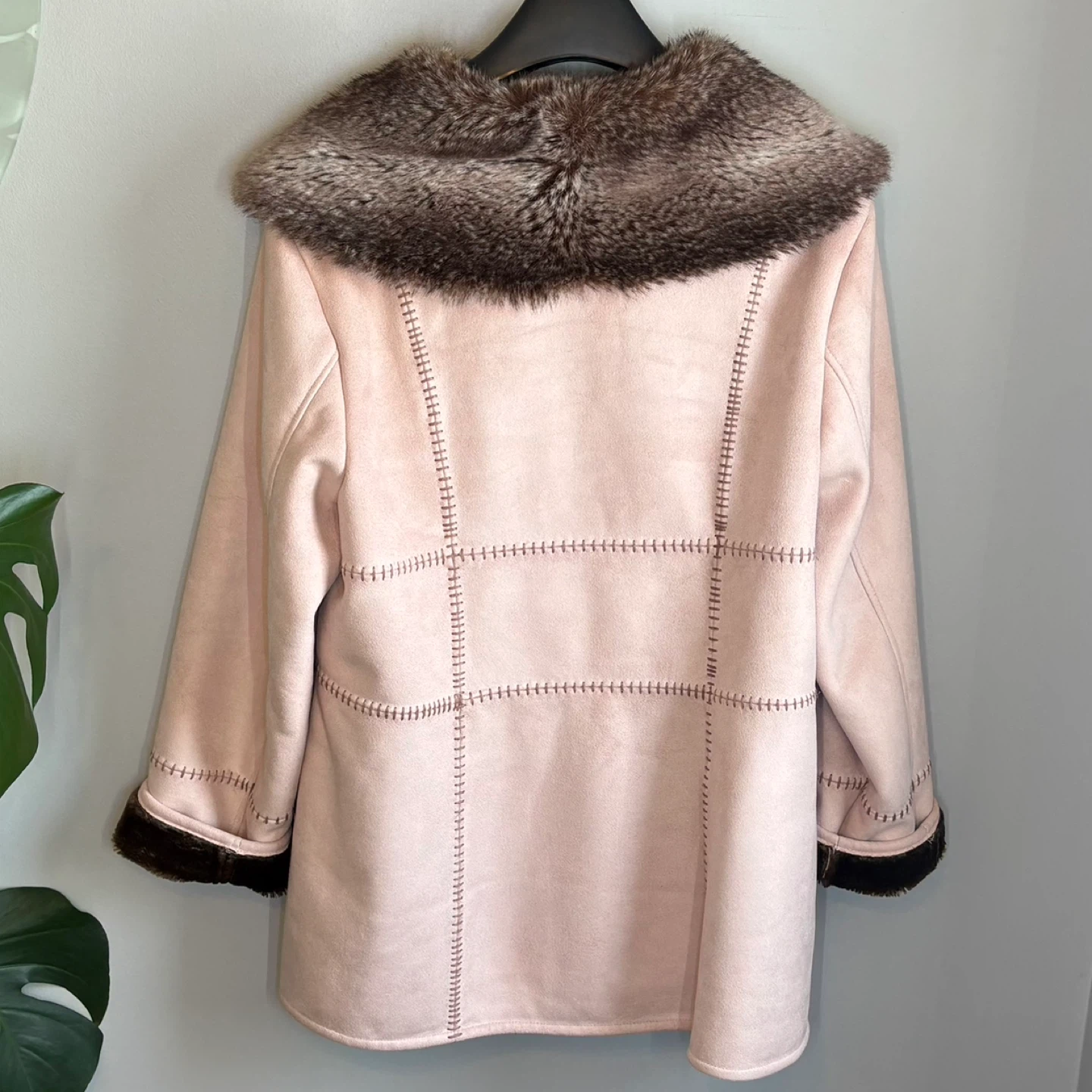 Pizazz Pink Faux Suede and Faux Fur Trim Button Up Coat Size L - photo 4