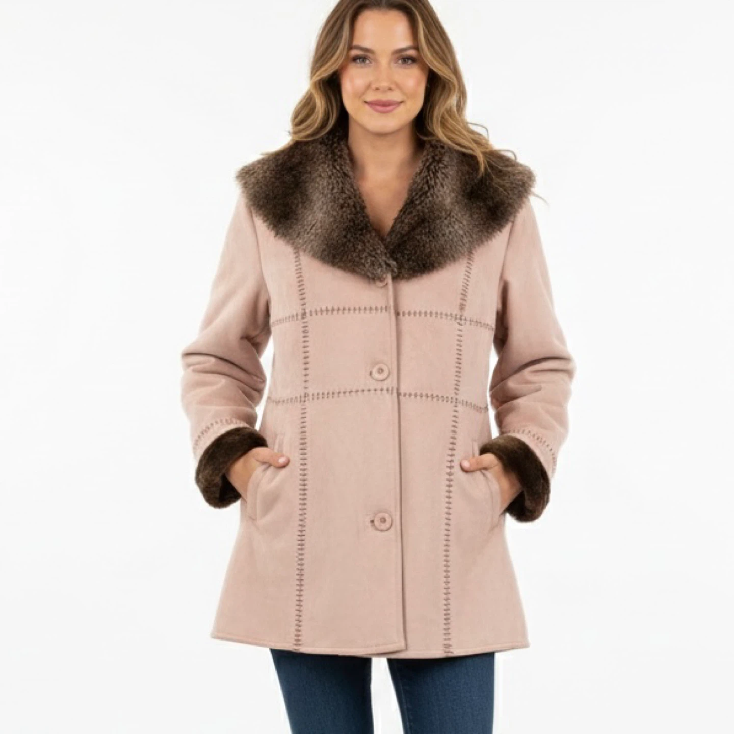 Pizazz Pink Faux Suede and Faux Fur Trim Button Up Coat Size L