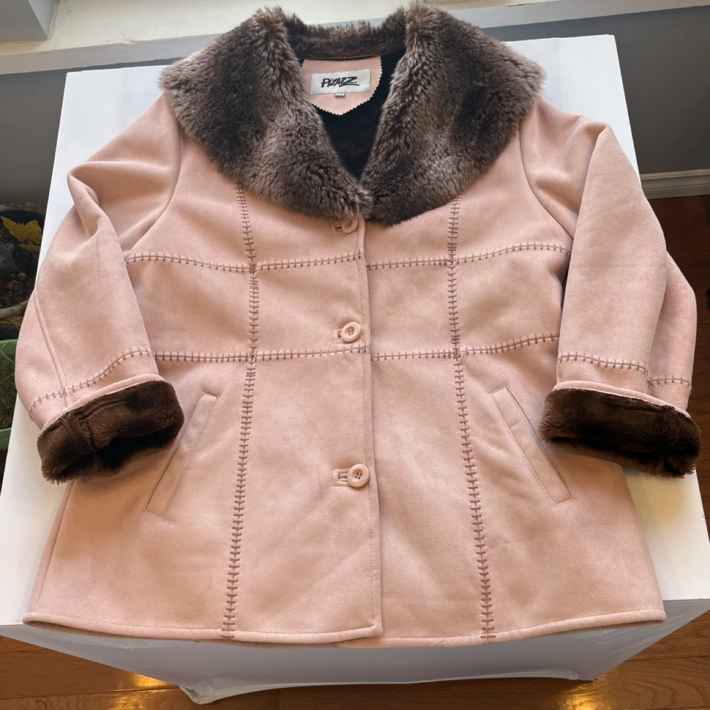 Pizazz Pink Faux Suede and Faux Fur Trim Button Up Coat Size L - photo 5